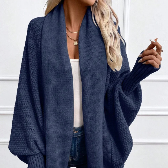 Navy Blue Casual Women's Solid Color Lantern Sleeve Shawl